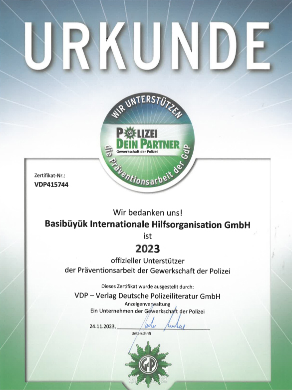Die Basibyük Internationale Hilfsorganisation gGmbH ist 2023 offizieller Unterstützer der Präventionsarbeit der Gewerkschaft der Polizei.